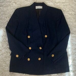 VINTAGE 80s 90s Navy Blue Double Breasted Wool Blazer